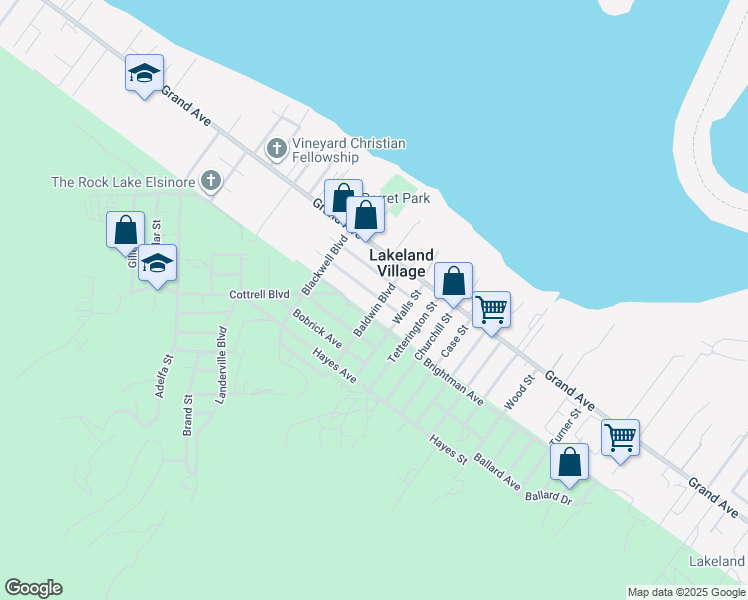 map of restaurants, bars, coffee shops, grocery stores, and more near 33111 Baldwin Boulevard in Lake Elsinore