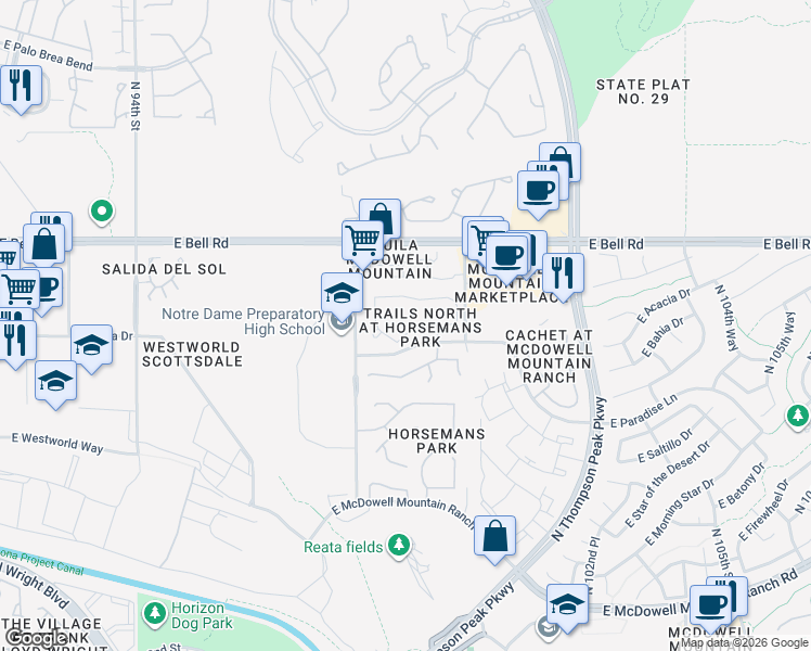 map of restaurants, bars, coffee shops, grocery stores, and more near 16777 North 98th Place in Scottsdale