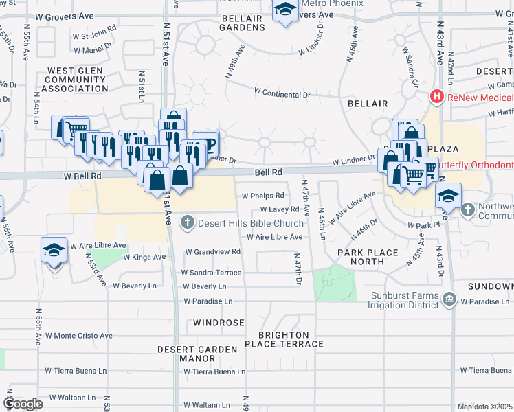 map of restaurants, bars, coffee shops, grocery stores, and more near 4818 West Lavey Road in Glendale