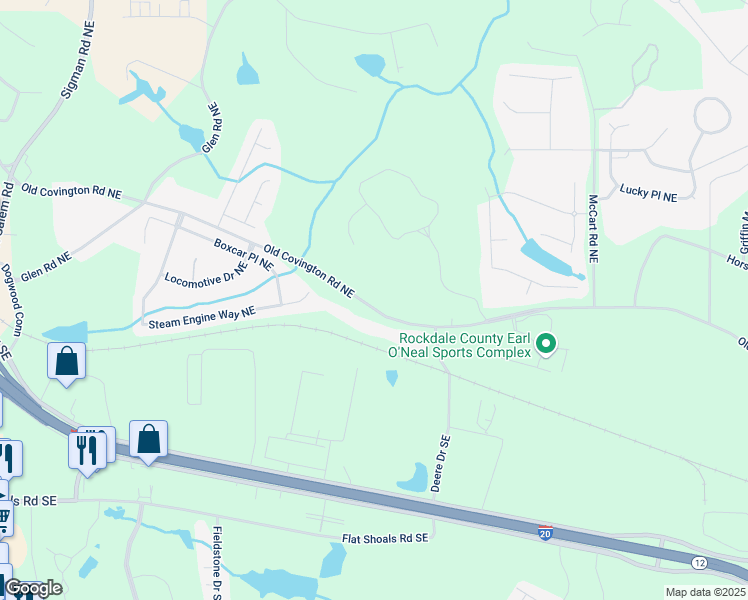 map of restaurants, bars, coffee shops, grocery stores, and more near 2620 Old Covington Road Northeast in Conyers
