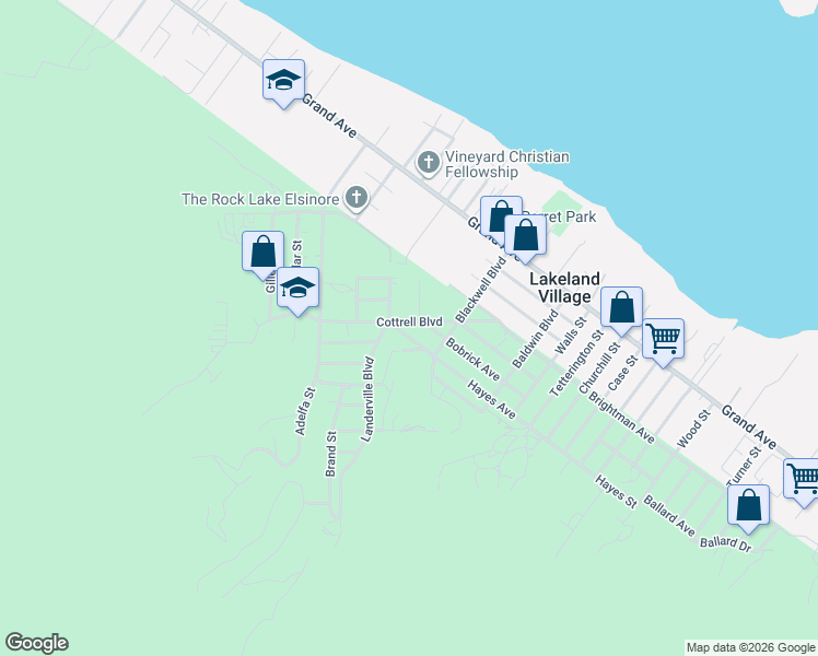 map of restaurants, bars, coffee shops, grocery stores, and more near 17540 Cottrell Boulevard in Lake Elsinore