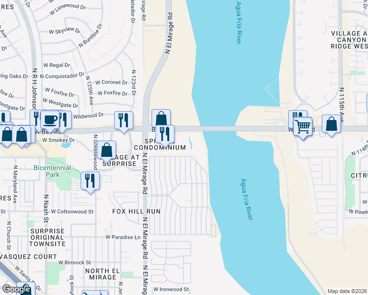 map of restaurants, bars, coffee shops, grocery stores, and more near 12123 West Bell Road in Surprise