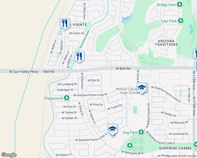 map of restaurants, bars, coffee shops, grocery stores, and more near 18126 West Elm Street in Surprise