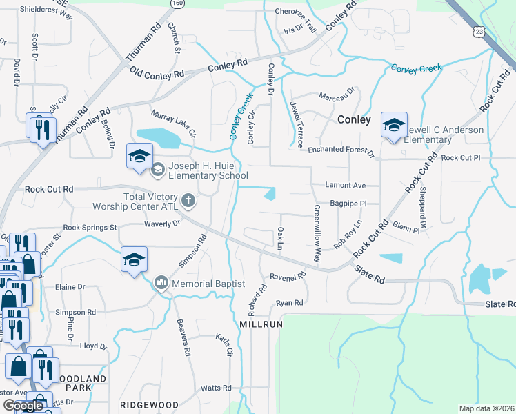 map of restaurants, bars, coffee shops, grocery stores, and more near 1460 California Avenue in Conley