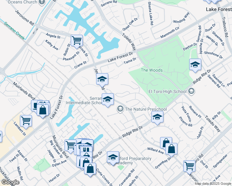 map of restaurants, bars, coffee shops, grocery stores, and more near 24661 Woodhill Lane in Lake Forest
