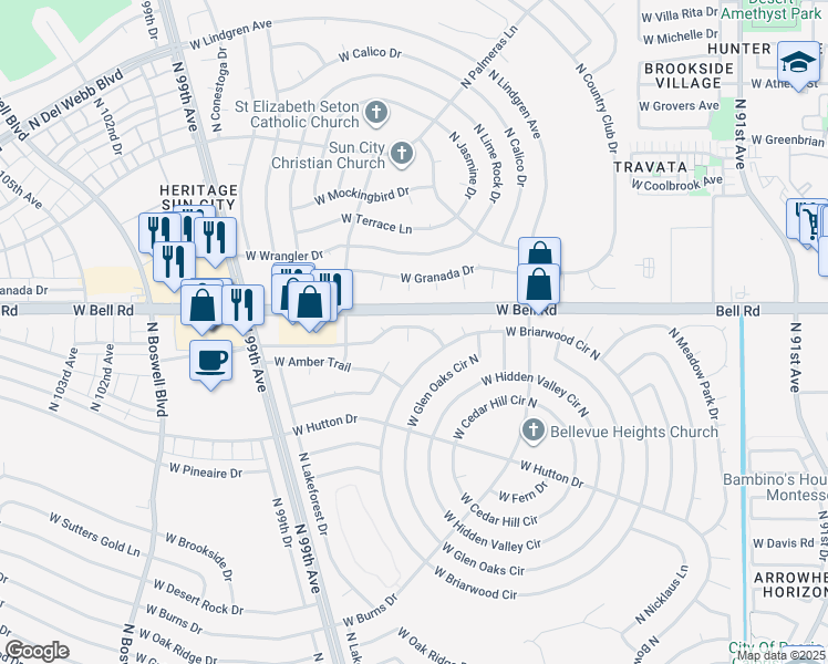 map of restaurants, bars, coffee shops, grocery stores, and more near 9613 West Campana Drive in Sun City