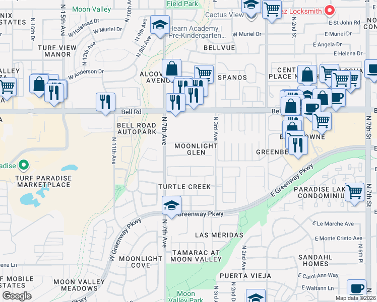 map of restaurants, bars, coffee shops, grocery stores, and more near 523 West Kelton Lane in Phoenix