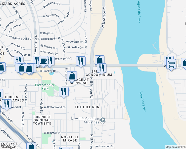 map of restaurants, bars, coffee shops, grocery stores, and more near 12221 West Bell Road in Surprise