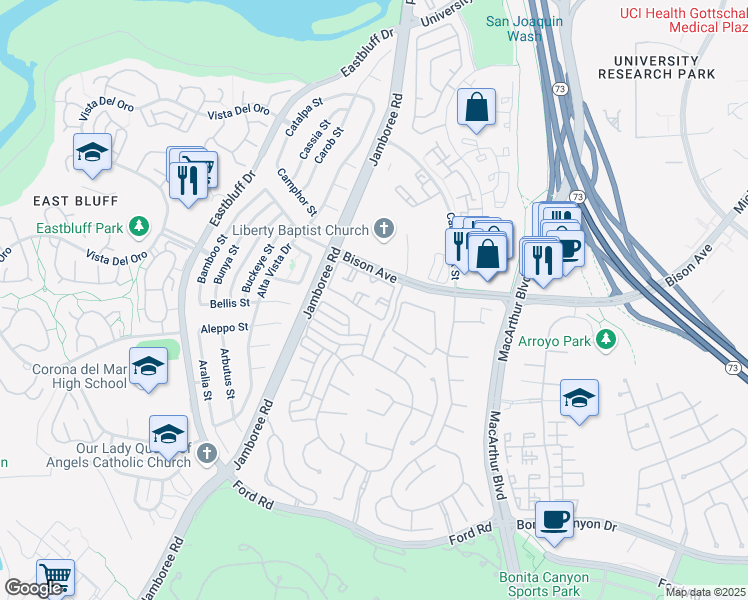 map of restaurants, bars, coffee shops, grocery stores, and more near 71 Bradbury in Newport Beach