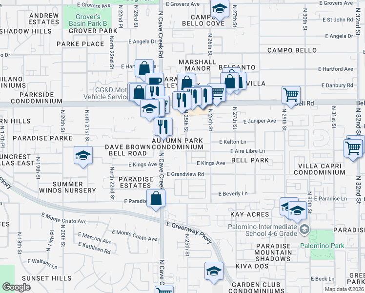map of restaurants, bars, coffee shops, grocery stores, and more near 16602 North 25th Street in Phoenix