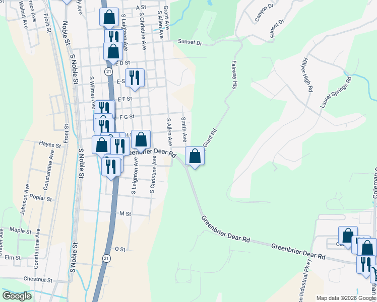 map of restaurants, bars, coffee shops, grocery stores, and more near 801 Smith Avenue in Anniston
