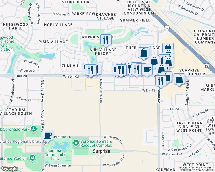 map of restaurants, bars, coffee shops, grocery stores, and more near 14239 West Bell Road in Surprise
