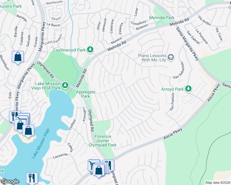 map of restaurants, bars, coffee shops, grocery stores, and more near 22371 Deerbrook in Mission Viejo