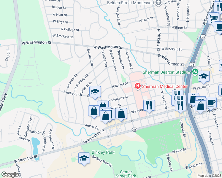 map of restaurants, bars, coffee shops, grocery stores, and more near 431 North Holly Avenue in Sherman