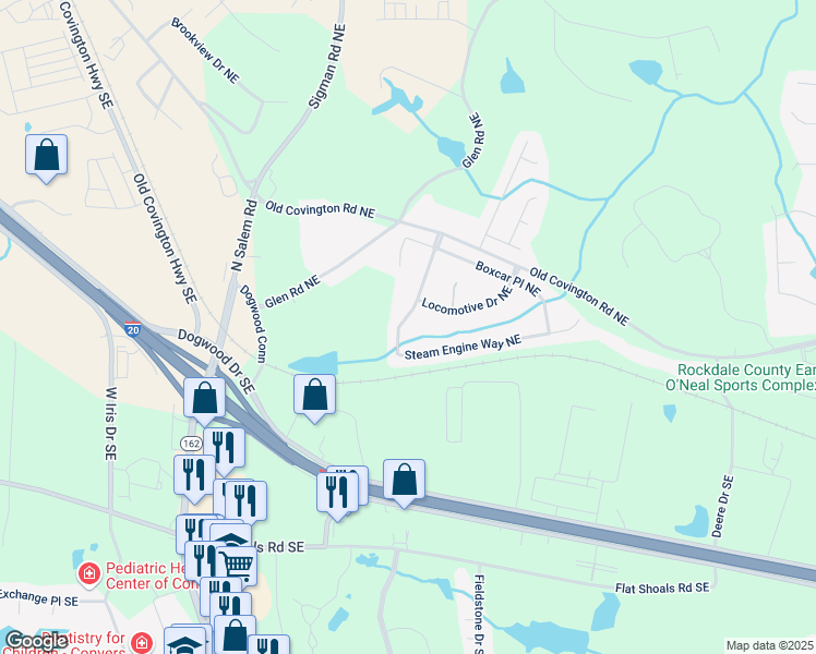 map of restaurants, bars, coffee shops, grocery stores, and more near 1421 Steam Engine Way Northeast in Conyers