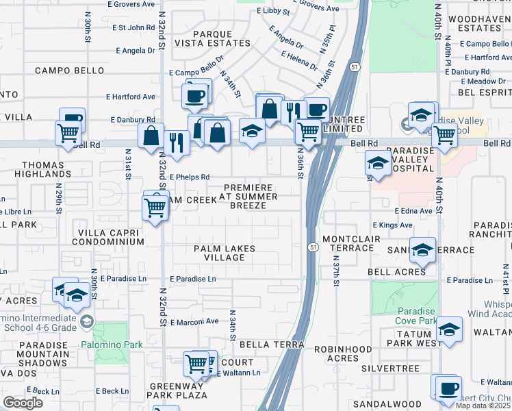 map of restaurants, bars, coffee shops, grocery stores, and more near 16609 North 34th Place in Phoenix