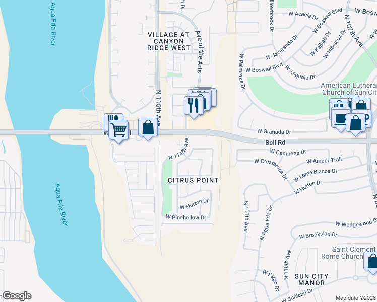 map of restaurants, bars, coffee shops, grocery stores, and more near 16944 North Briarwood Drive in Surprise