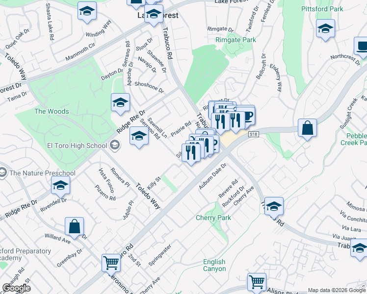 map of restaurants, bars, coffee shops, grocery stores, and more near 22435 Silver Spur in Lake Forest