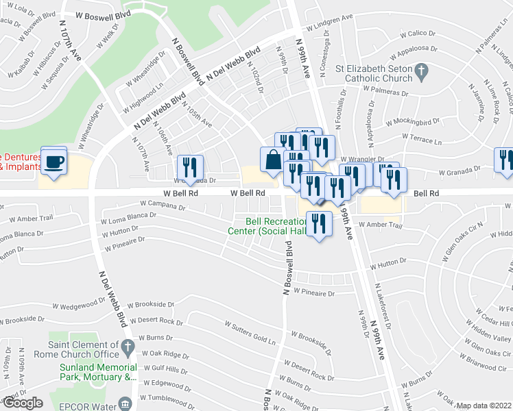 map of restaurants, bars, coffee shops, grocery stores, and more near 10206 West Campana Drive in Sun City
