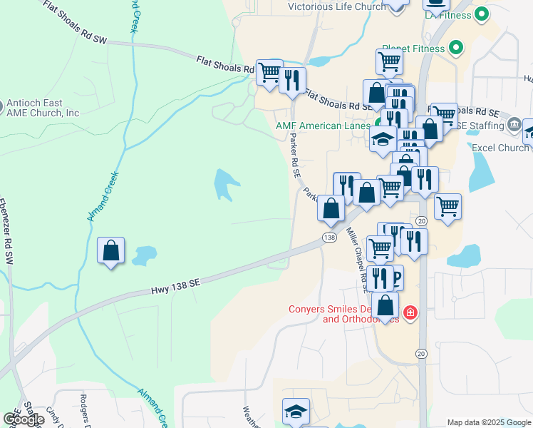 map of restaurants, bars, coffee shops, grocery stores, and more near 691 Kirkus Drive Southeast in Conyers