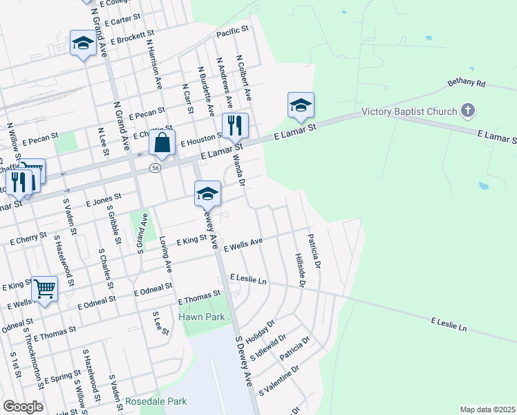 map of restaurants, bars, coffee shops, grocery stores, and more near 1925 East Hillbrook Street in Sherman