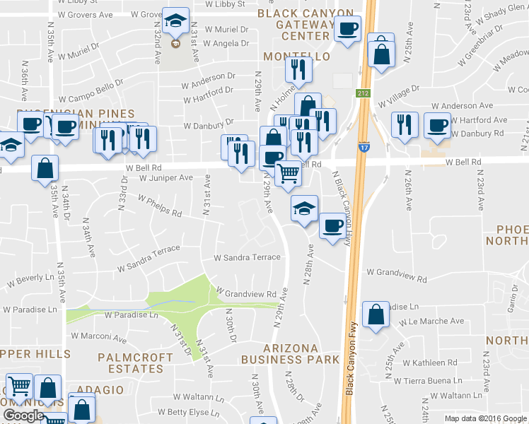 map of restaurants, bars, coffee shops, grocery stores, and more near 16634 North 29th Drive in Phoenix