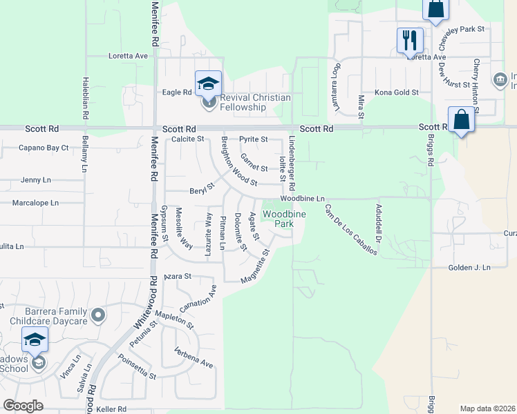 map of restaurants, bars, coffee shops, grocery stores, and more near 33272 Agate Street in Menifee
