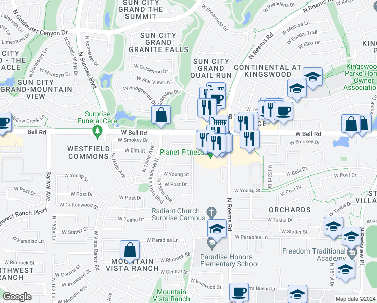 map of restaurants, bars, coffee shops, grocery stores, and more near 15706 West Elm Street in Surprise