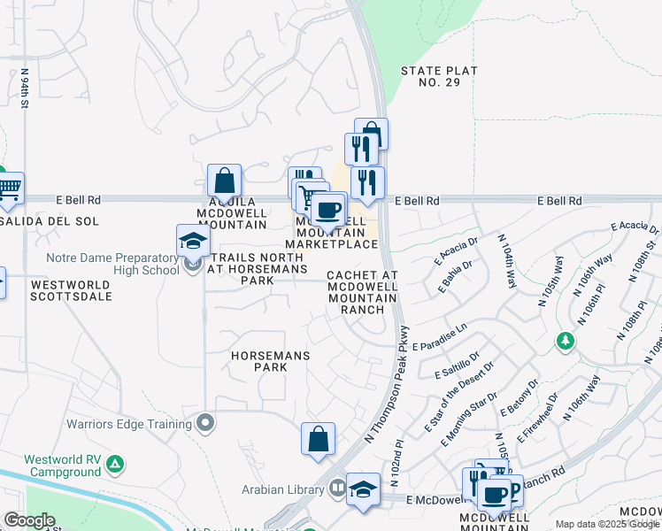 map of restaurants, bars, coffee shops, grocery stores, and more near 16600 North Thompson Peak Parkway in Scottsdale