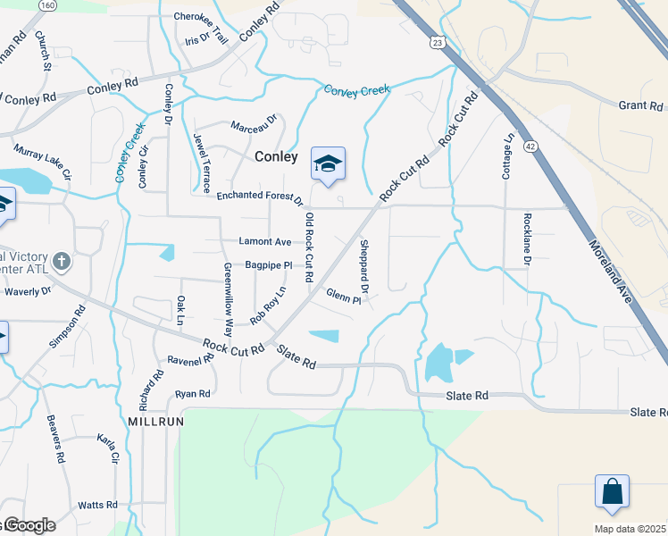 map of restaurants, bars, coffee shops, grocery stores, and more near 1713 Rock Cut Road in Conley