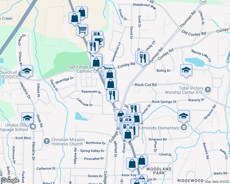 map of restaurants, bars, coffee shops, grocery stores, and more near 4300 Old Jonesboro Road in Forest Park