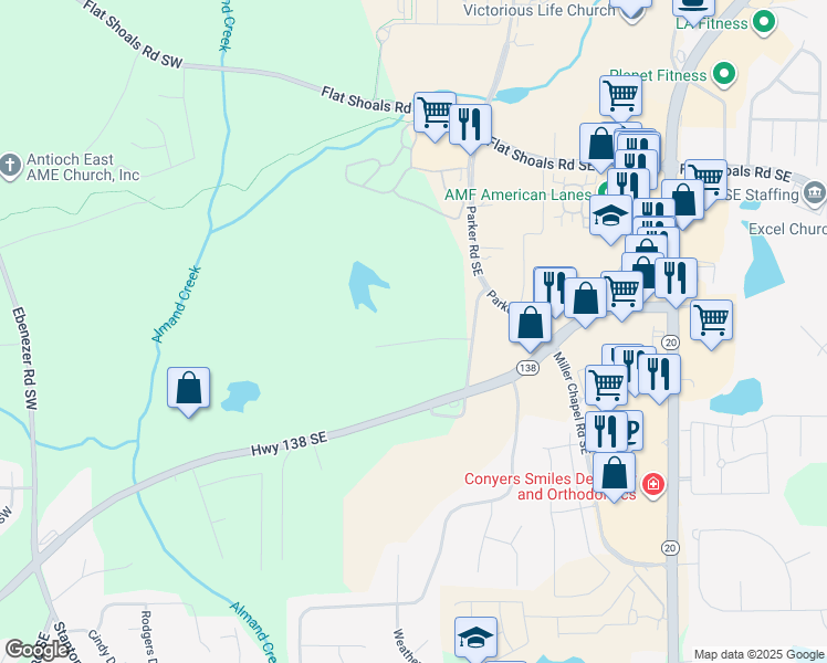map of restaurants, bars, coffee shops, grocery stores, and more near 691 Kirkus Drive Southeast in Conyers