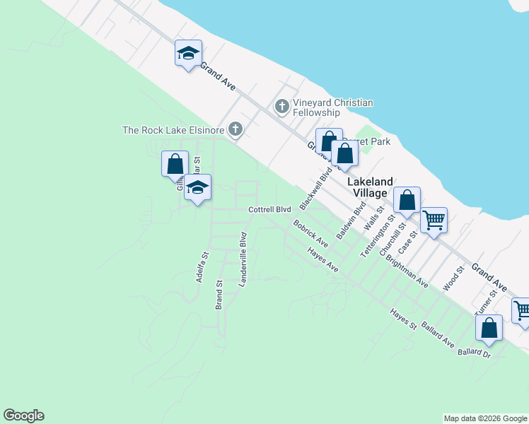 map of restaurants, bars, coffee shops, grocery stores, and more near 17507 Cottrell Boulevard in Lake Elsinore