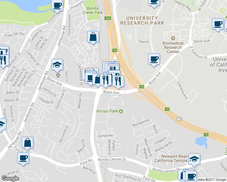map of restaurants, bars, coffee shops, grocery stores, and more near 1324 Bison Ave in Newport Beach