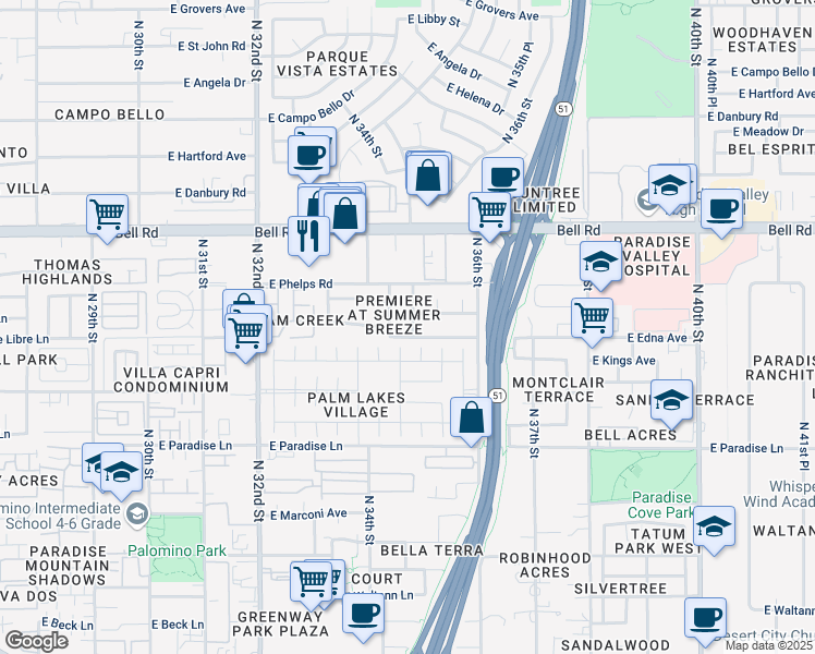 map of restaurants, bars, coffee shops, grocery stores, and more near 16609 North 34th Place in Phoenix