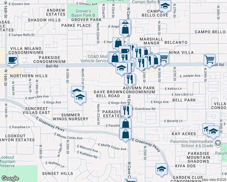 map of restaurants, bars, coffee shops, grocery stores, and more near 2228 East Aire Libre Avenue in Phoenix
