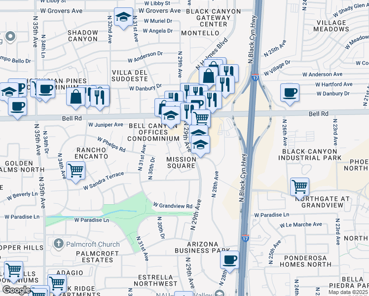 map of restaurants, bars, coffee shops, grocery stores, and more near 16634 North 29th Drive in Phoenix