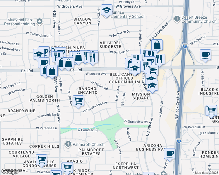 map of restaurants, bars, coffee shops, grocery stores, and more near 3138 West Phelps Road in Phoenix