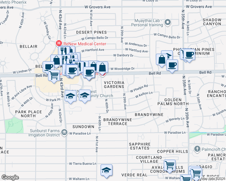 map of restaurants, bars, coffee shops, grocery stores, and more near 3934 West Phelps Road in Phoenix