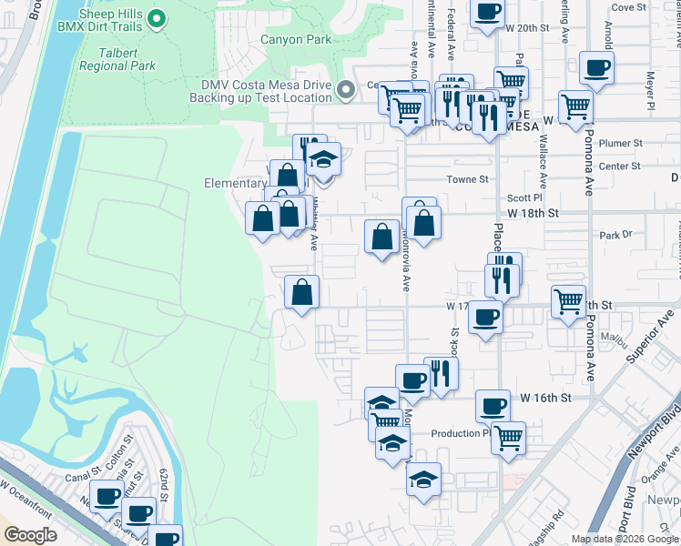 map of restaurants, bars, coffee shops, grocery stores, and more near 968 West 17th Street in Costa Mesa