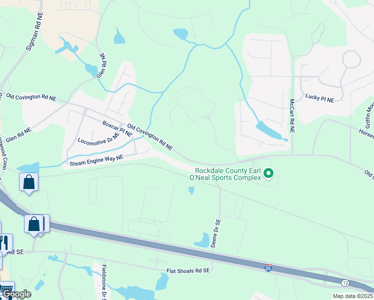 map of restaurants, bars, coffee shops, grocery stores, and more near 2620 Old Covington Road Northeast in Conyers
