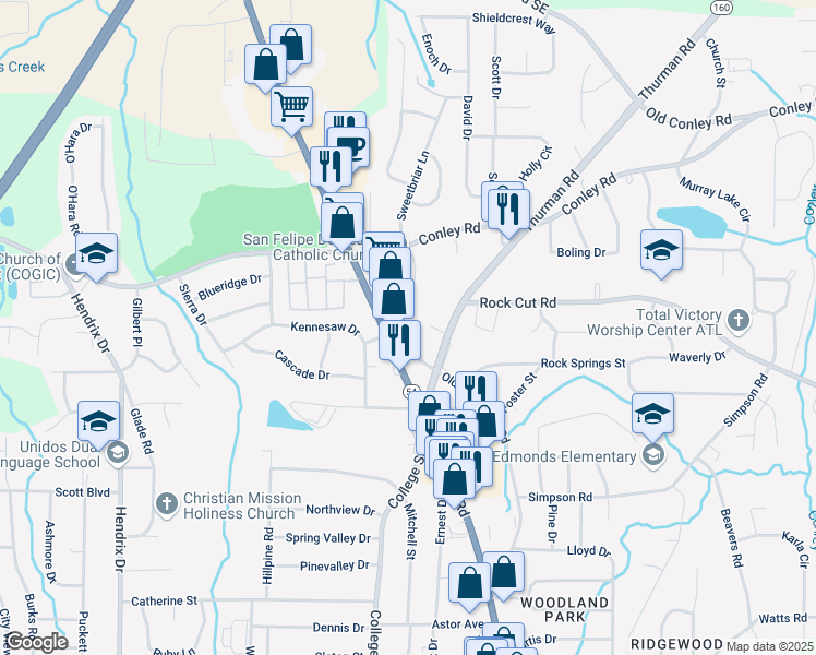 map of restaurants, bars, coffee shops, grocery stores, and more near 4300 Old Jonesboro Road in Forest Park