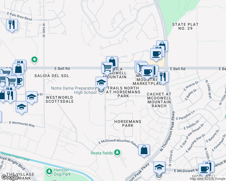 map of restaurants, bars, coffee shops, grocery stores, and more near 16777 North 98th Place in Scottsdale