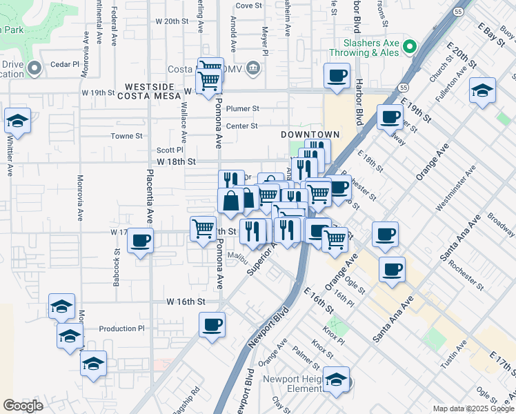 map of restaurants, bars, coffee shops, grocery stores, and more near 27 Terminal Way in Costa Mesa