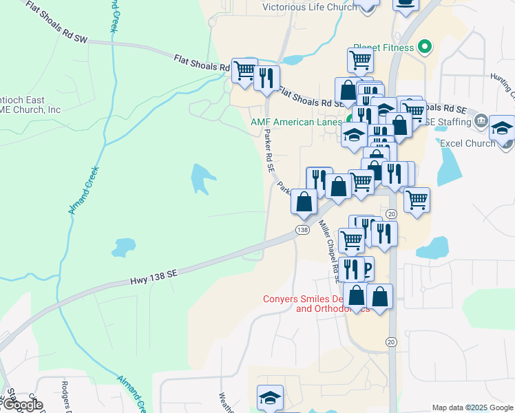 map of restaurants, bars, coffee shops, grocery stores, and more near 1967 Parker Road Southeast in Conyers