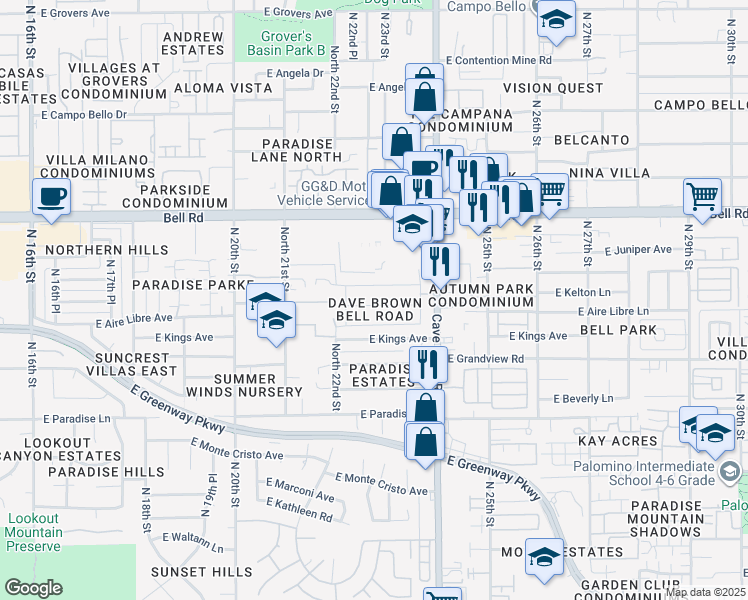 map of restaurants, bars, coffee shops, grocery stores, and more near 2228 East Aire Libre Avenue in Phoenix