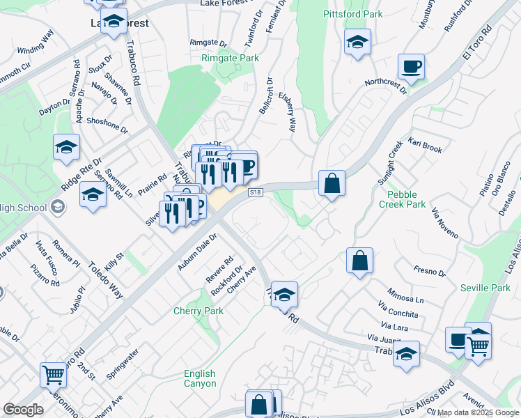 map of restaurants, bars, coffee shops, grocery stores, and more near 25885 Trabuco Road in Lake Forest