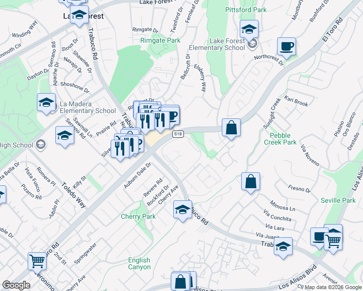 map of restaurants, bars, coffee shops, grocery stores, and more near 25885 Trabuco Road in Lake Forest