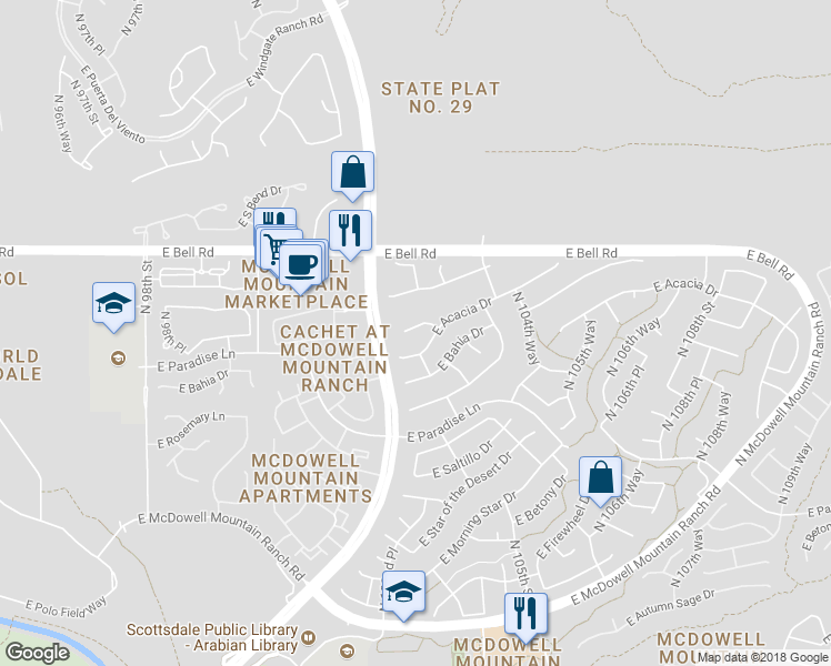 map of restaurants, bars, coffee shops, grocery stores, and more near 10287 Jasmine Drive in Scottsdale