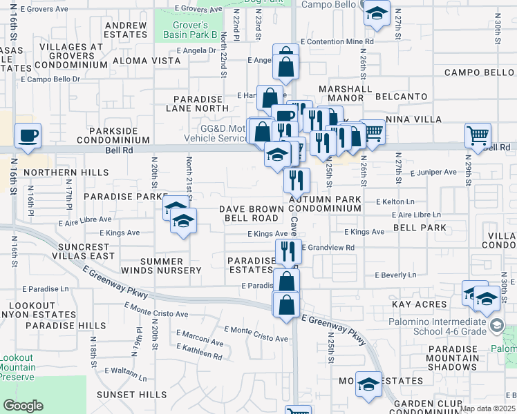 map of restaurants, bars, coffee shops, grocery stores, and more near 2228 East Aire Libre Avenue in Phoenix